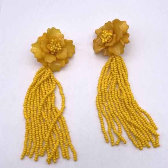 Beaded Flower Dangle Drop Long Tassel Earrings Yellow - Picture 1 of 5